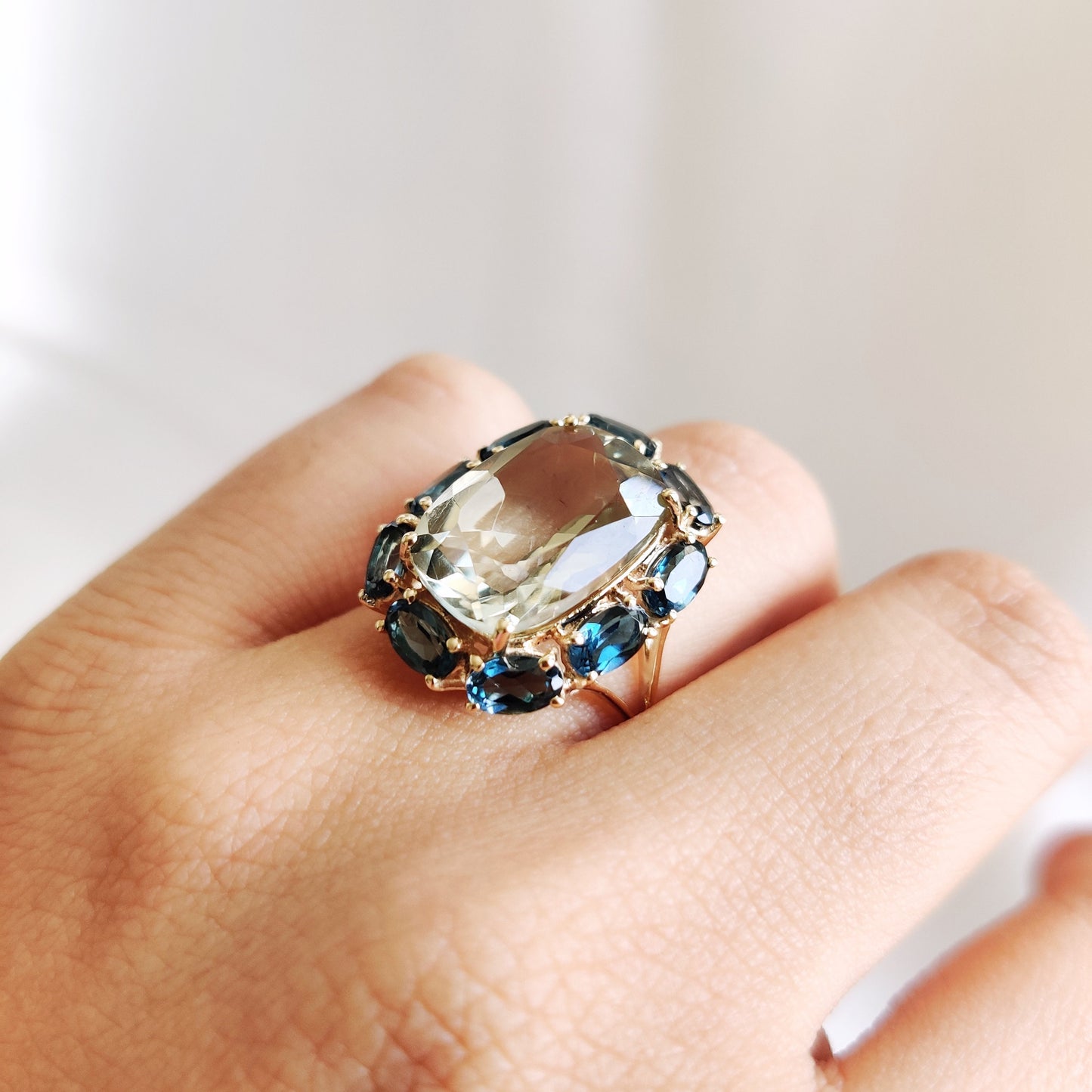 Natural Green Amethyst and London Blue Topaz Ring, 14K Solid Yellow Gold Ring, February and November Birthstone, Christmas Present