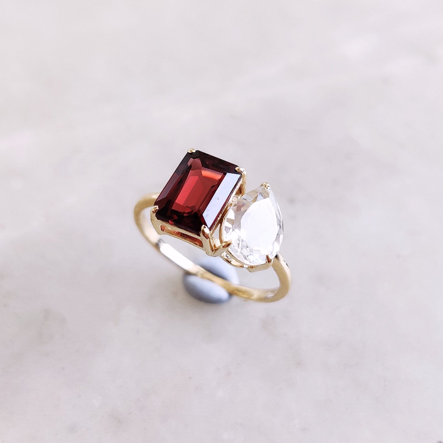 Natural Garnet & White Topaz Ring, 14K Solid Yellow Gold Ring, Emerald Cut Ring, January April Birthstone, Multi Stone Engagement Ring