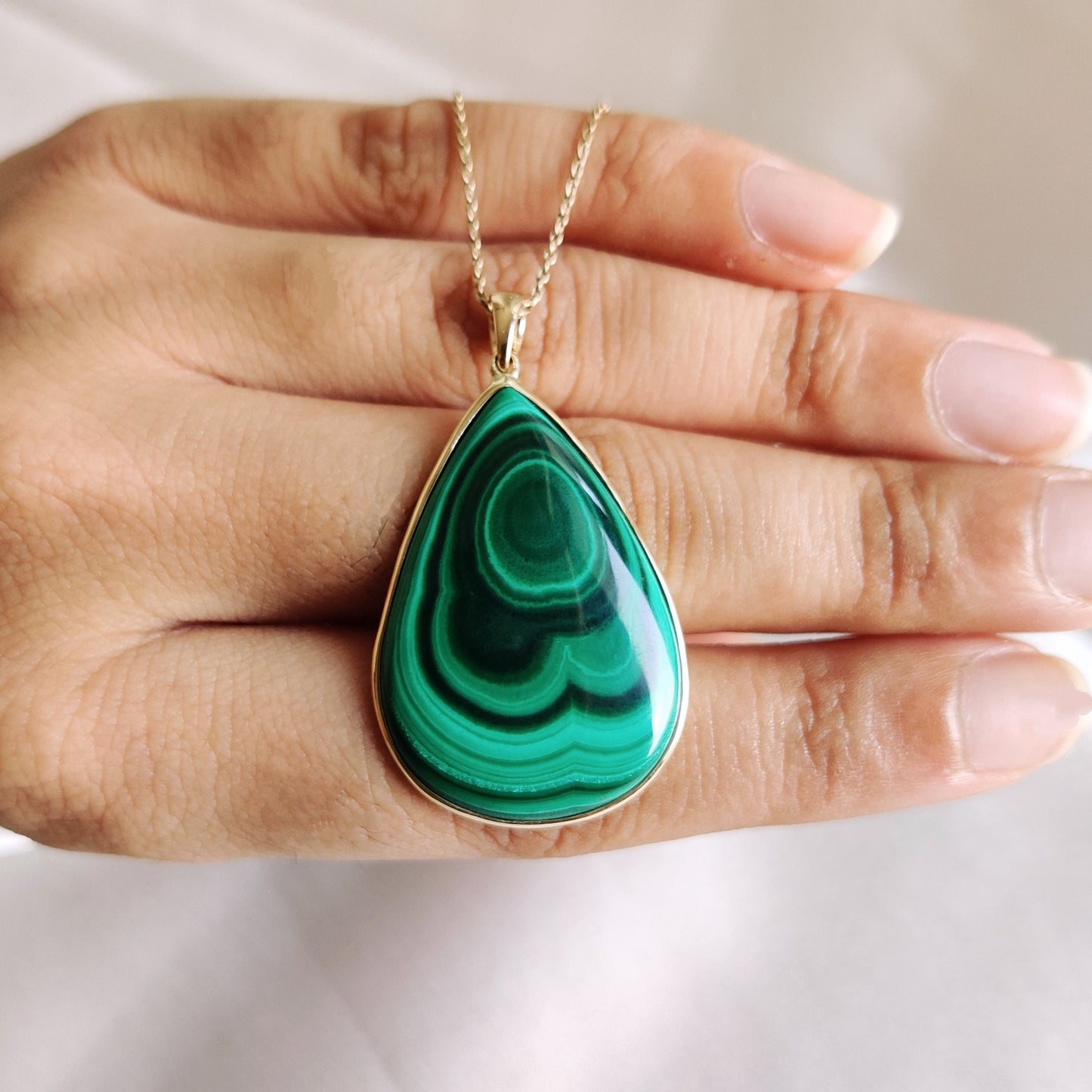 Natural Malachite Pendant, 14K Solid Yellow Gold Pendant, May Birthstone Pendant, Pear Bezel Pendant, Malachite Jewelry