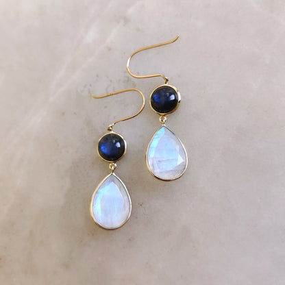 Natural Labradorite & Moonstone Earrings, 14K Solid Yellow Gold Earrings, Blue Labradorite, Rainbow Moonstone Jewelry, November Birthstone