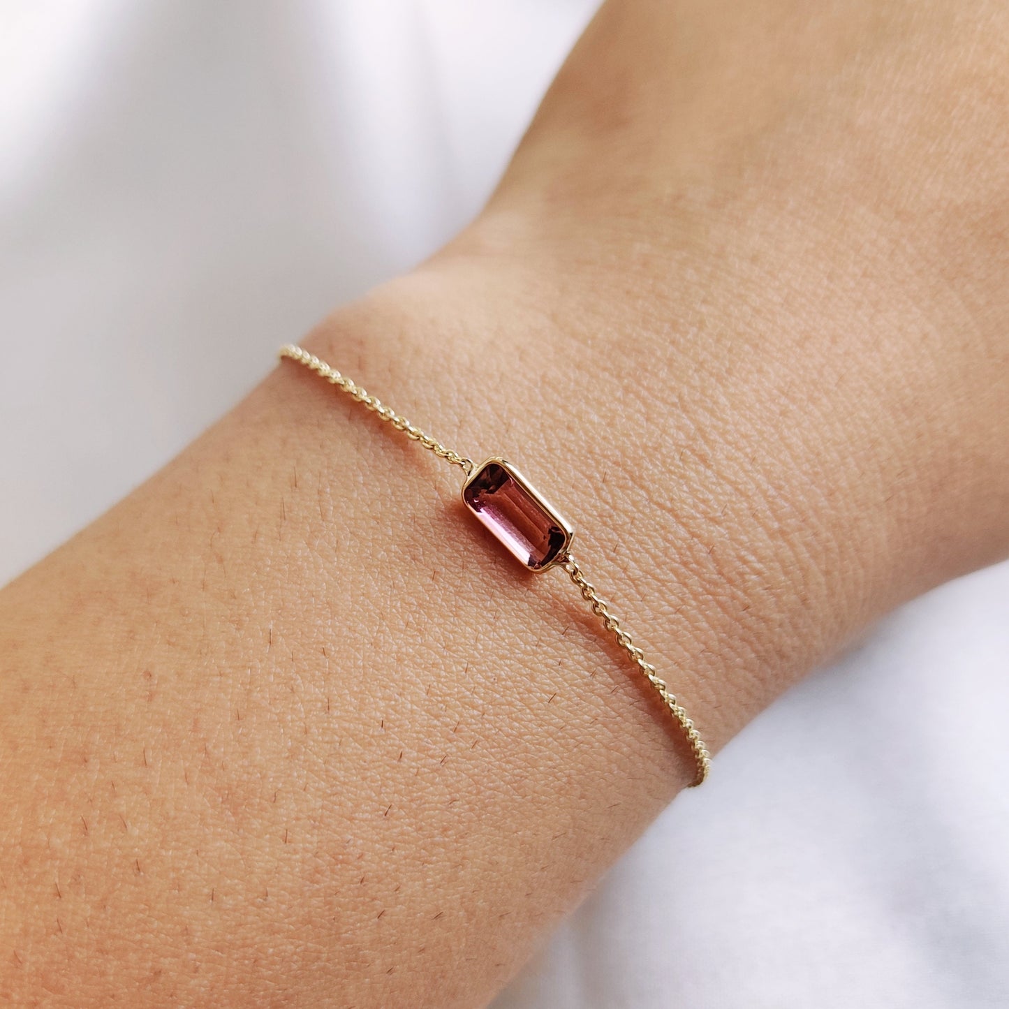 Natural Pink Tourmaline Bracelet, 14K Solid Gold Multi Tourmaline Bracelet, Dainty Tourmaline Baguette Bracelet, October Birthstone