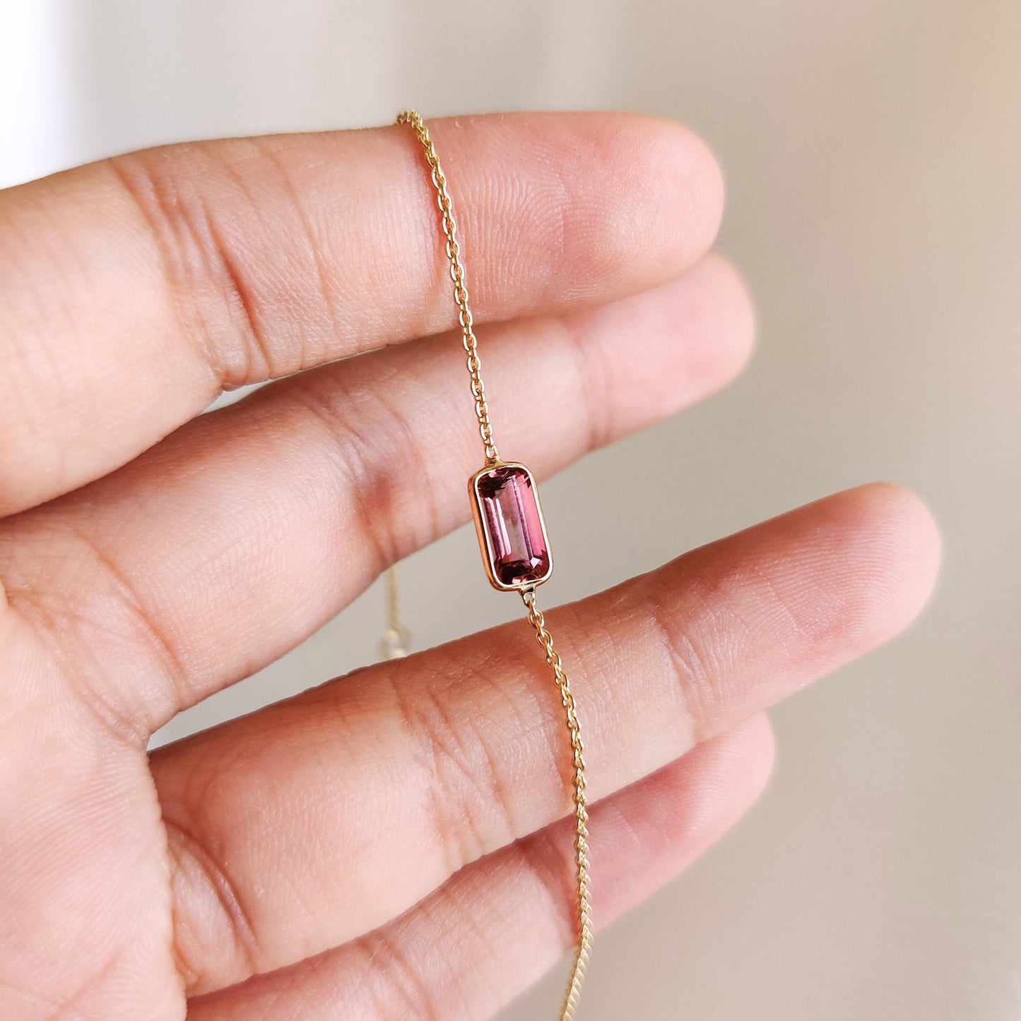 Natural Pink Tourmaline Bracelet, 14K Solid Gold Multi Tourmaline Bracelet, Dainty Tourmaline Baguette Bracelet, October Birthstone