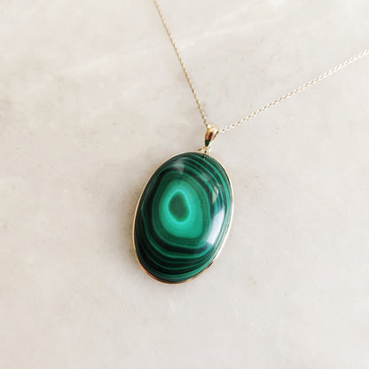 Natural Malachite Pendant, 14K Solid Yellow Gold Pendant, May Birthstone Pendant, Oval Bezel Pendant, Malachite Jewelry