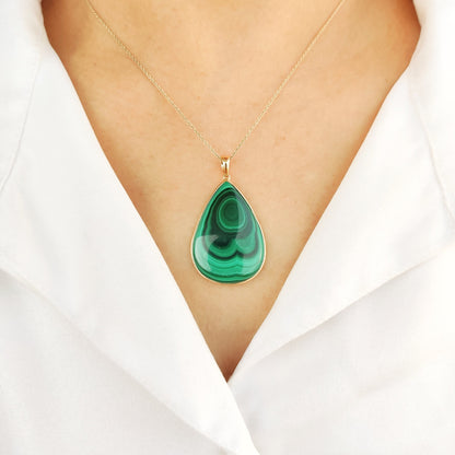 Natural Malachite Pendant, 14K Solid Yellow Gold Pendant, May Birthstone Pendant, Pear Bezel Pendant, Malachite Jewelry