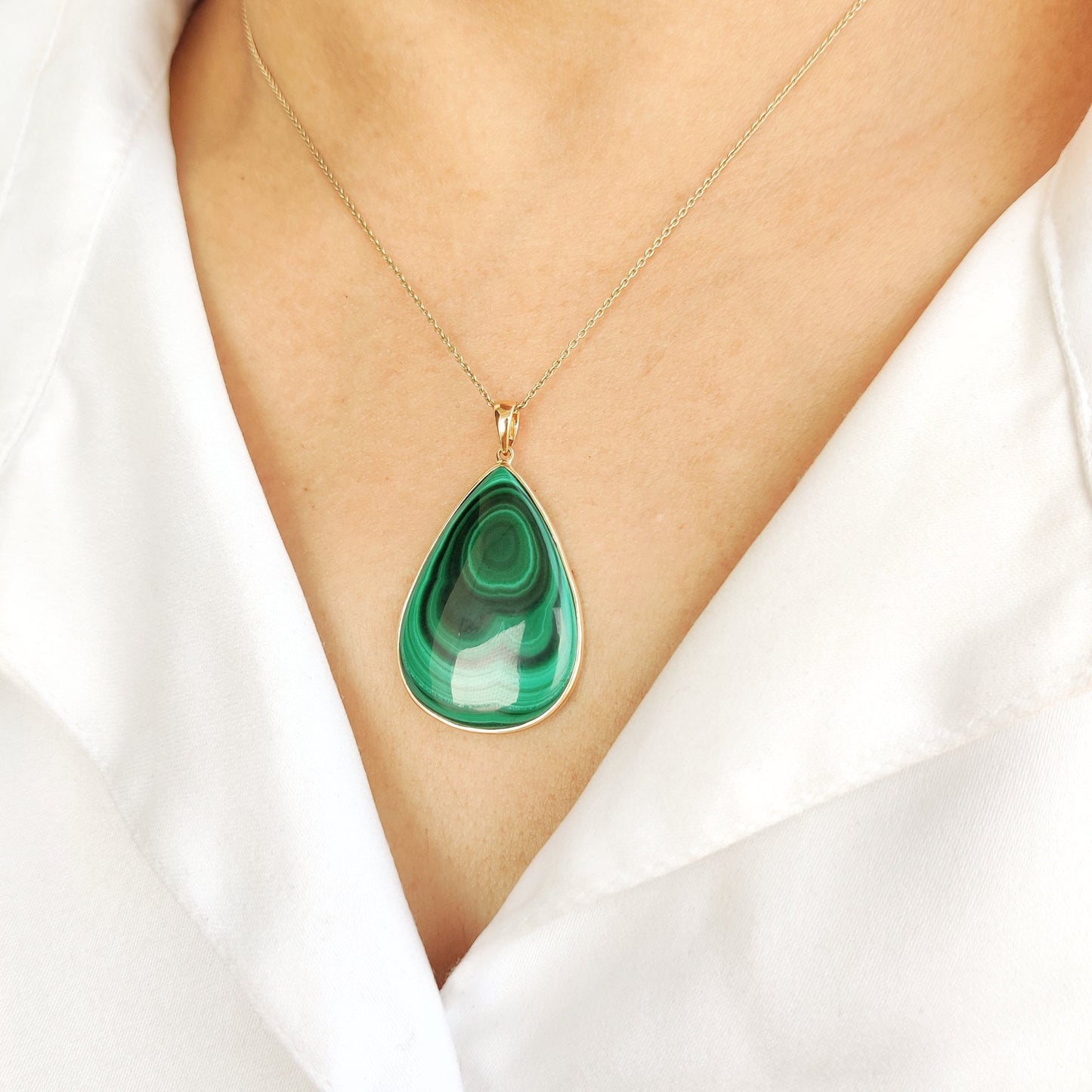 Natural Malachite Pendant, 14K Solid Yellow Gold Pendant, May Birthstone Pendant, Pear Bezel Pendant, Malachite Jewelry