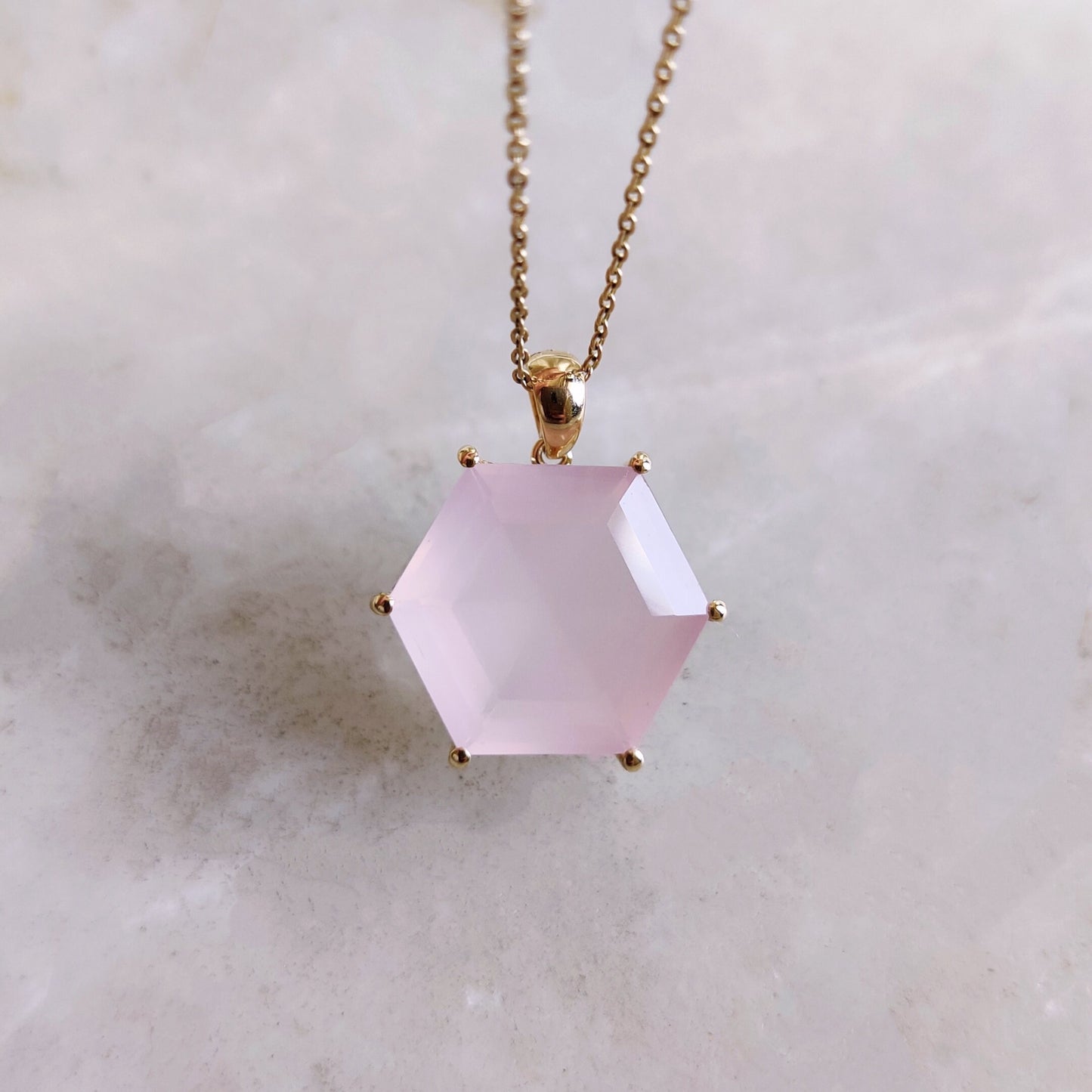 Natural Rose Quartz Pendant, 14K Solid Gold Pendant, Hexagon Shape Rose Quartz Pendant, January Birthstone Pendant, Christmas Present