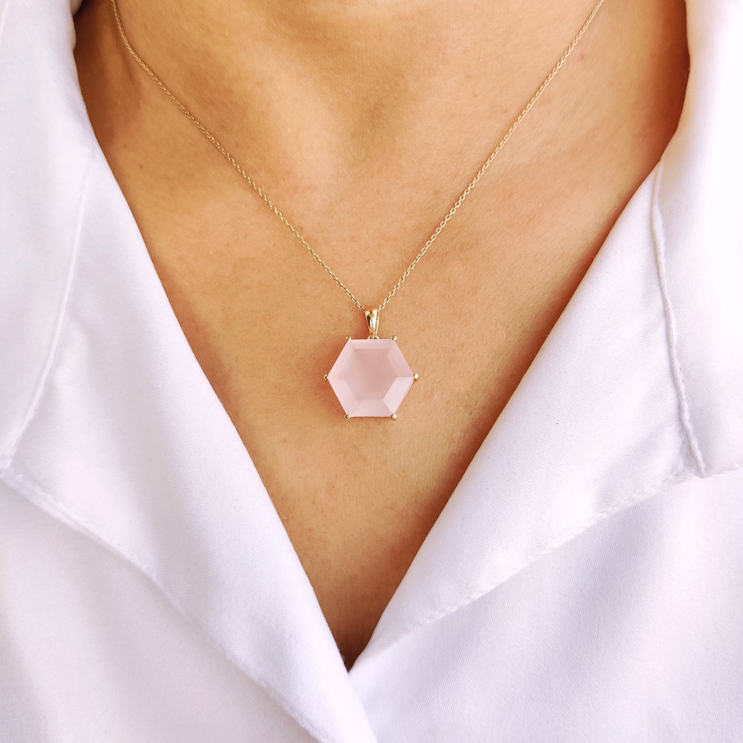 Natural Rose Quartz Pendant, 14K Solid Gold Pendant, Hexagon Shape Rose Quartz Pendant, January Birthstone Pendant, Christmas Present