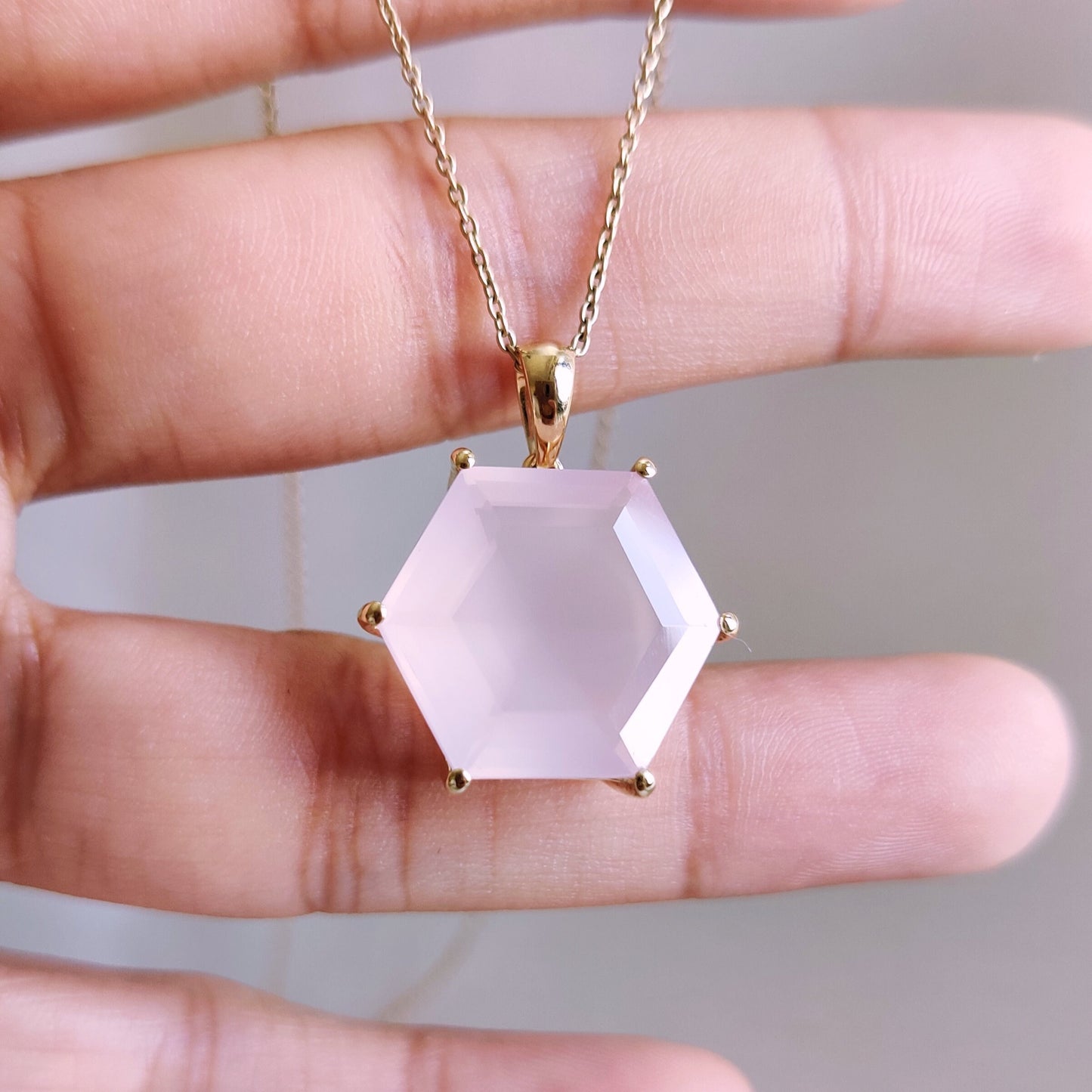 Natural Rose Quartz Pendant, 14K Solid Gold Pendant, Hexagon Shape Rose Quartz Pendant, January Birthstone Pendant, Christmas Present