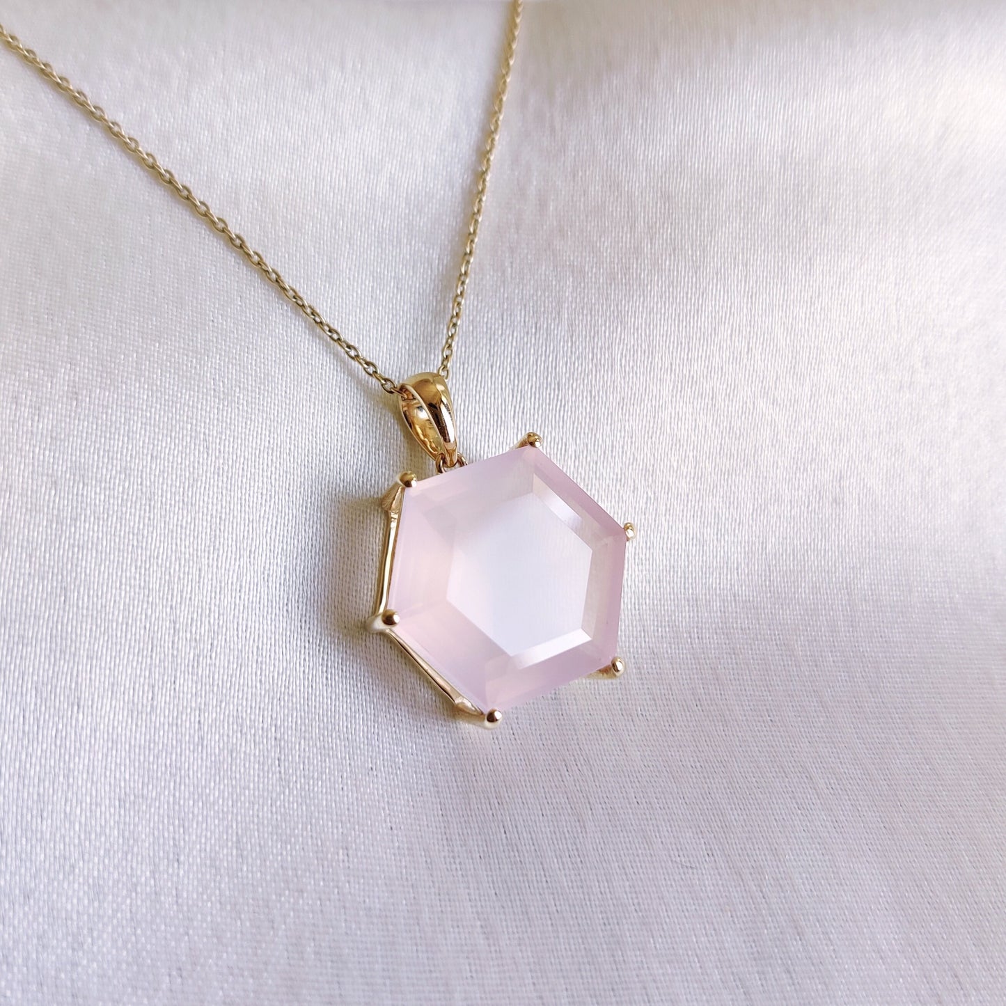 Natural Rose Quartz Pendant, 14K Solid Gold Pendant, Hexagon Shape Rose Quartz Pendant, January Birthstone Pendant, Christmas Present