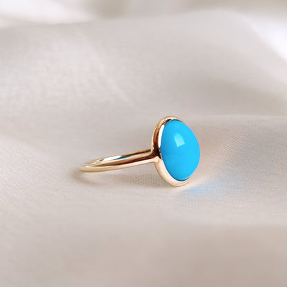 14K Gold Natural Turquoise Ring, Solid Gold Arizona Turquoise Ring, Round Turquoise Bezel Ring, Dainty Ring, December Birthstone Ring