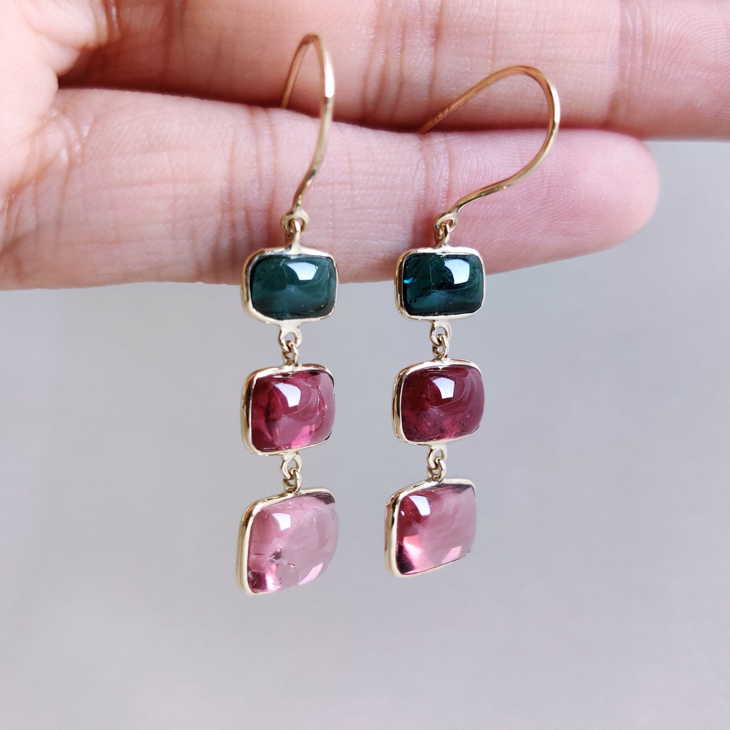 Natural Multi Tourmaline Earrings, 14K Solid Yellow Gold Earrings, Tourmaline Bezel Earrings, Multi Tourmaline Jewelry, October Birthstone