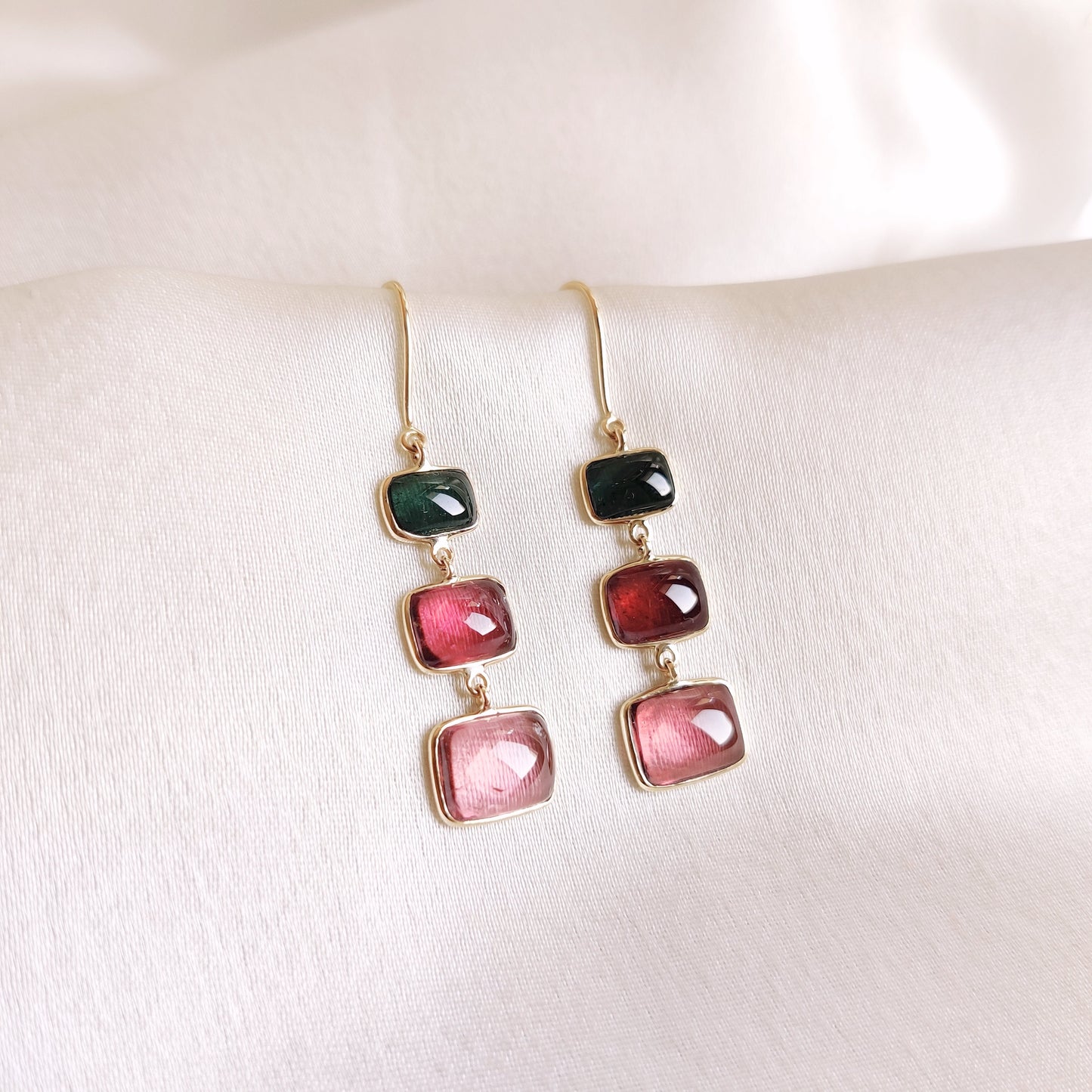 Natural Multi Tourmaline Earrings, 14K Solid Yellow Gold Earrings, Tourmaline Bezel Earrings, Multi Tourmaline Jewelry, October Birthstone