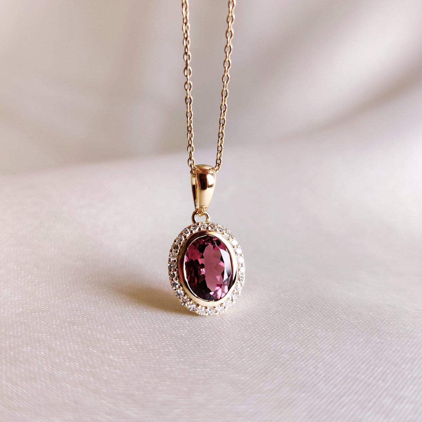 Natural Rubellite Pink Tourmaline & Diamond Pendant, 14K Solid Yellow Gold Pendant, October Birthstone, Dainty Pink Tourmaline Jewelry