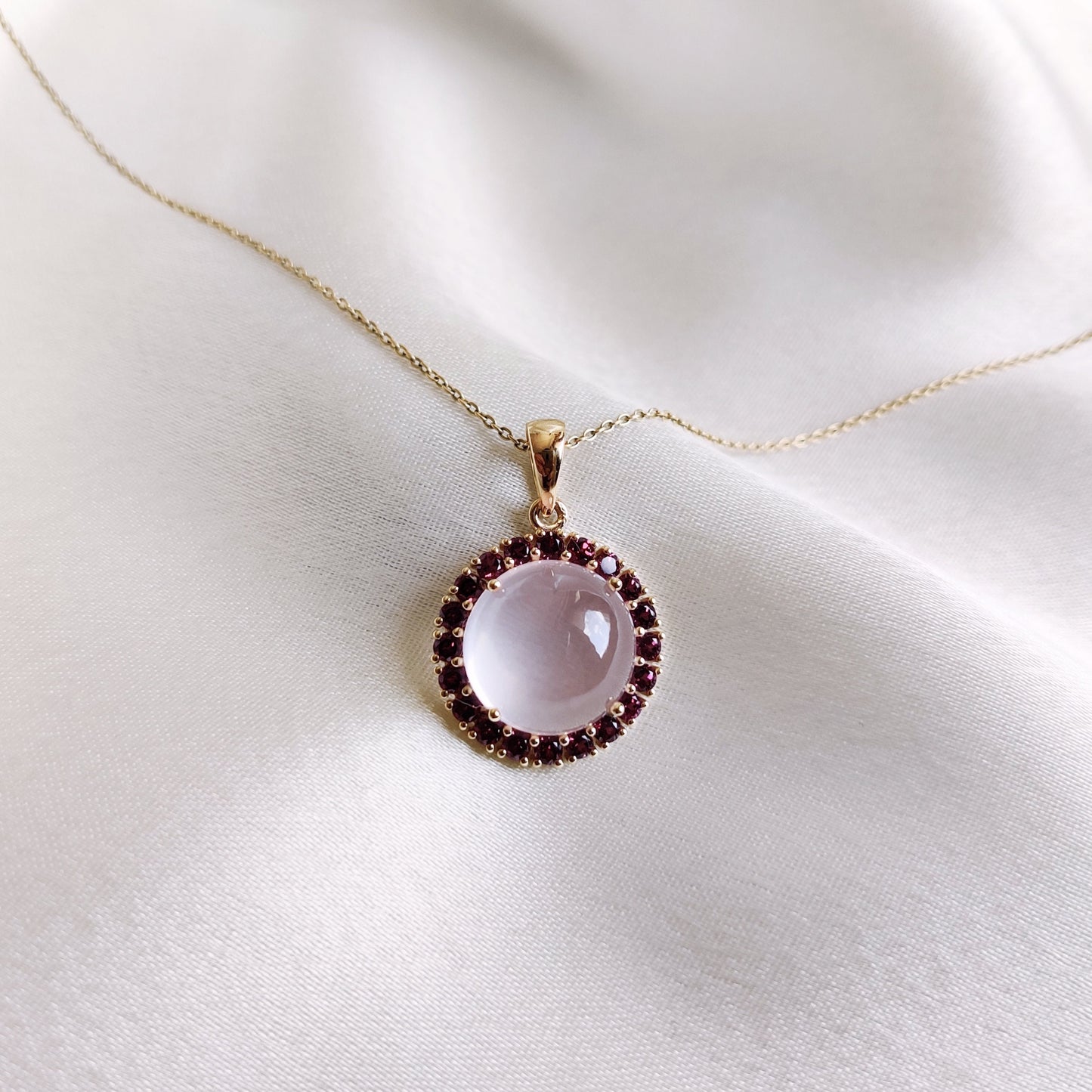 Natural Rose Quartz & Rhodolite Garnet Pendant, 14K Solid Yellow Gold Pendant, January Birthstone, Christmas Gift, Rose Quartz Jewelry