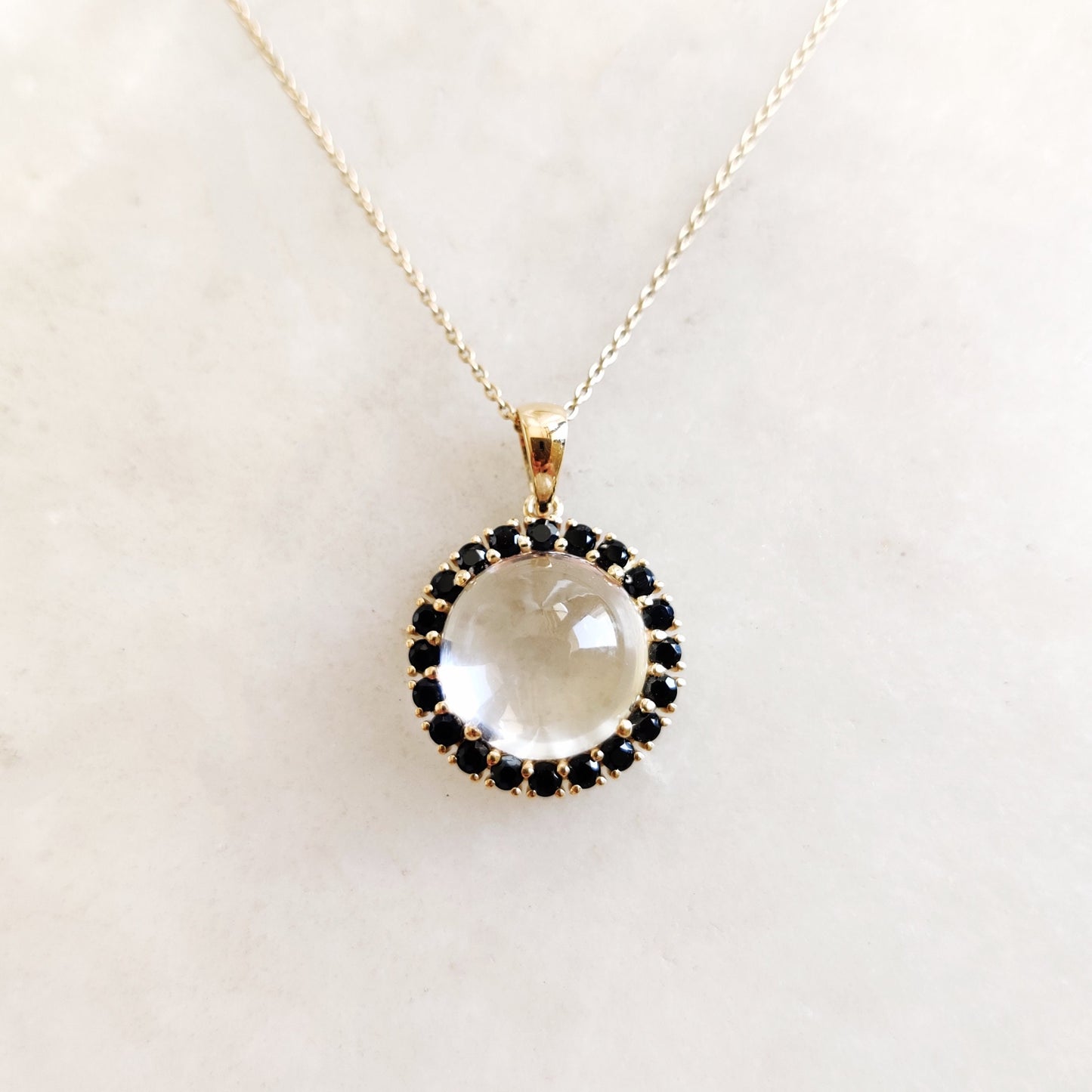 Natural Clear Quartz & Black Onyx Pendant, 14K Solid Yellow Gold Pendant, April and July Birthstone, Christmas Gift, Clear Quartz Jewelry