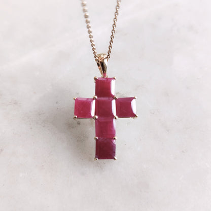 Natural Ruby Cross Pendant, Holy Cross Pendant, 14K Solid Yellow Gold Ruby Pendant, July Birthstone Pendant, Christmas Present