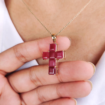 Natural Ruby Cross Pendant, Holy Cross Pendant, 14K Solid Yellow Gold Ruby Pendant, July Birthstone Pendant, Christmas Present