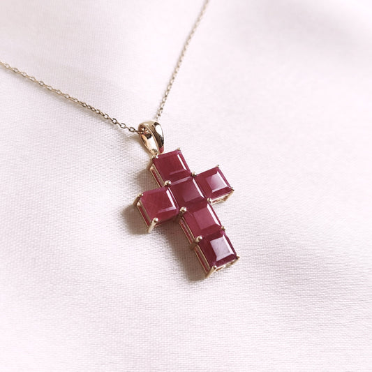 Natural Ruby Cross Pendant, Holy Cross Pendant, 14K Solid Yellow Gold Ruby Pendant, July Birthstone Pendant, Christmas Present