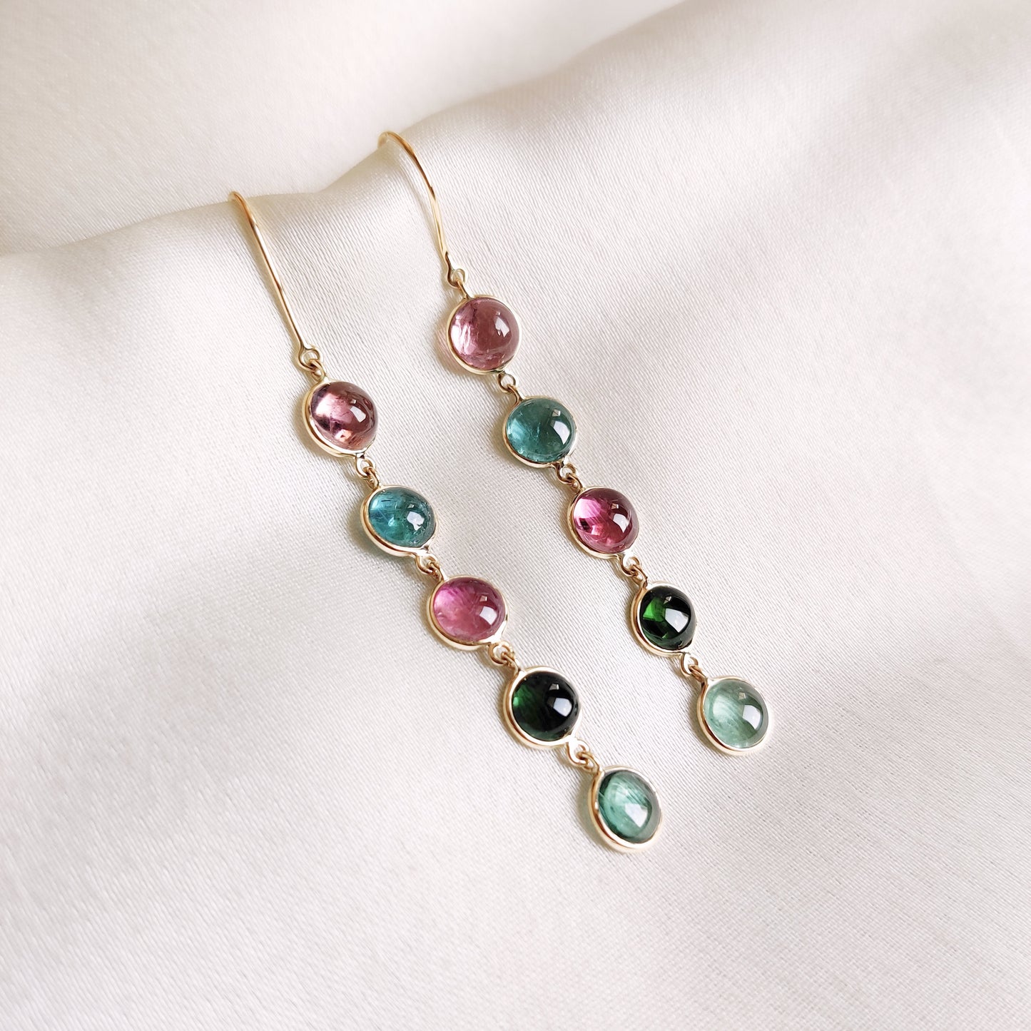 Natural Multi Tourmaline Earrings, 14K Solid Yellow Gold Earrings, Tourmaline Bezel Earrings, Multi Tourmaline Jewelry, October Birthstone