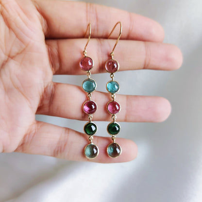 Natural Multi Tourmaline Earrings, 14K Solid Yellow Gold Earrings, Tourmaline Bezel Earrings, Multi Tourmaline Jewelry, October Birthstone