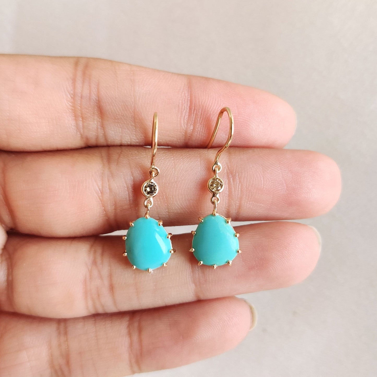 Natural Arizona Turquoise Earrings, 14K Solid Gold Turquoise & Diamond Earrings, Sleeping Beauty Turquoise Earrings, December Birthstone