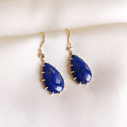 Natural Lapis Lazuli Earrings, 14K Solid Yellow Gold Earrings, Lapis & Diamond Drop Earrings, December and April Birthstone Earrings