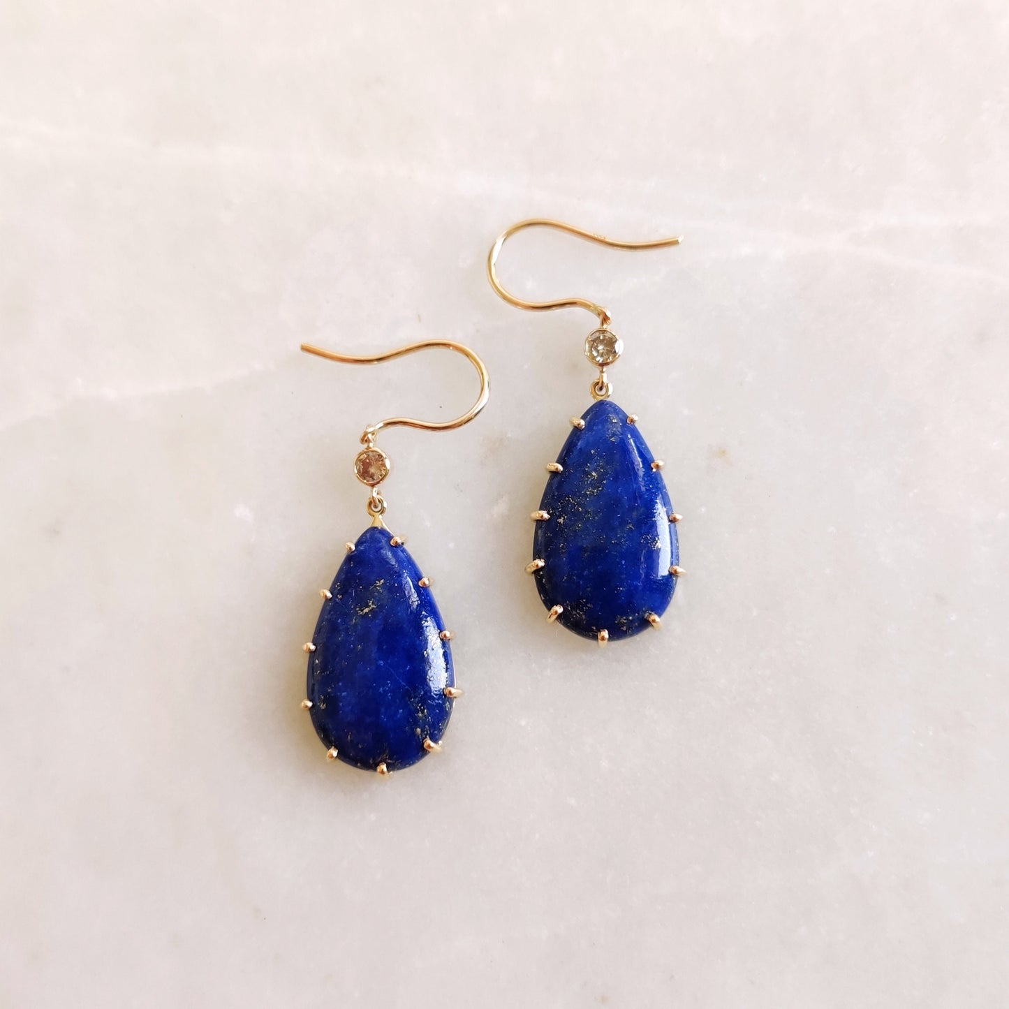 Natural Lapis Lazuli Earrings, 14K Solid Yellow Gold Earrings, Lapis & Diamond Drop Earrings, December and April Birthstone Earrings