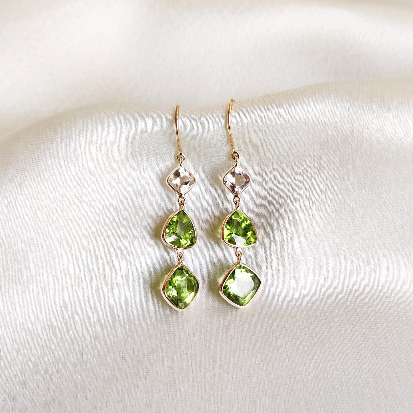 Natural Peridot & Morganite Earrings, 14K Solid Gold Bezel Earrings, Peridot Danglers, June and August Birthstone, Christmas Present