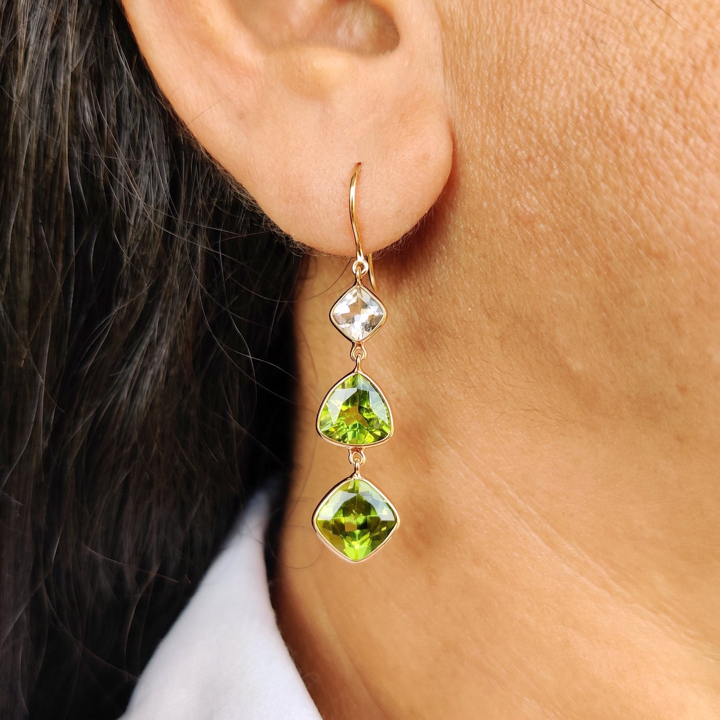 Natural Peridot & Morganite Earrings, 14K Solid Gold Bezel Earrings, Peridot Danglers, June and August Birthstone, Christmas Present