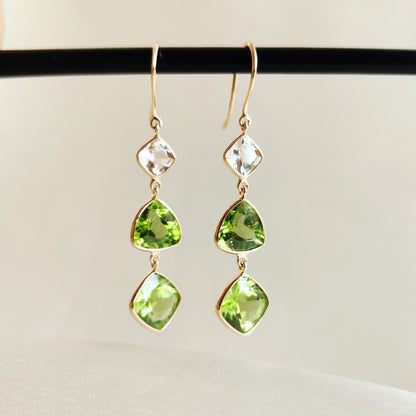 Natural Peridot & Morganite Earrings, 14K Solid Gold Bezel Earrings, Peridot Danglers, June and August Birthstone, Christmas Present