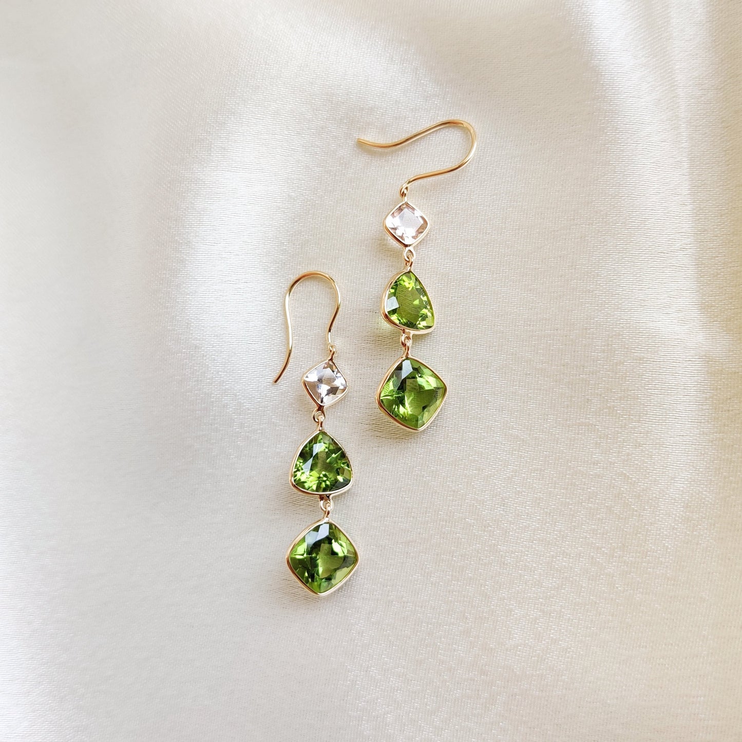 Natural Peridot & Morganite Earrings, 14K Solid Gold Bezel Earrings, Peridot Danglers, June and August Birthstone, Christmas Present