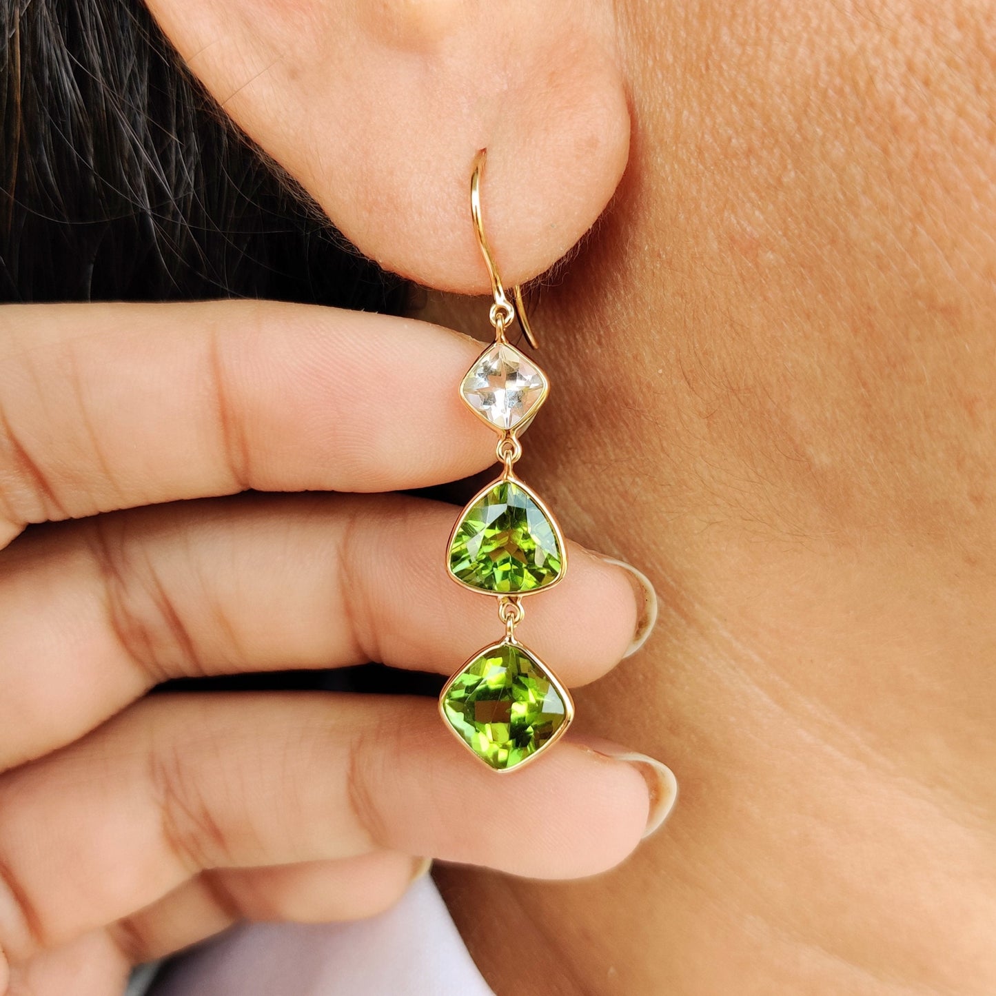 Natural Peridot & Morganite Earrings, 14K Solid Gold Bezel Earrings, Peridot Danglers, June and August Birthstone, Christmas Present