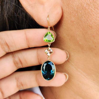 Natural London Blue Topaz, Morganite & Peridot Earrings, 14K Solid Gold Topaz Earrings, Multi Stone Danglers, Peridot Jewelry,Christmas Gift