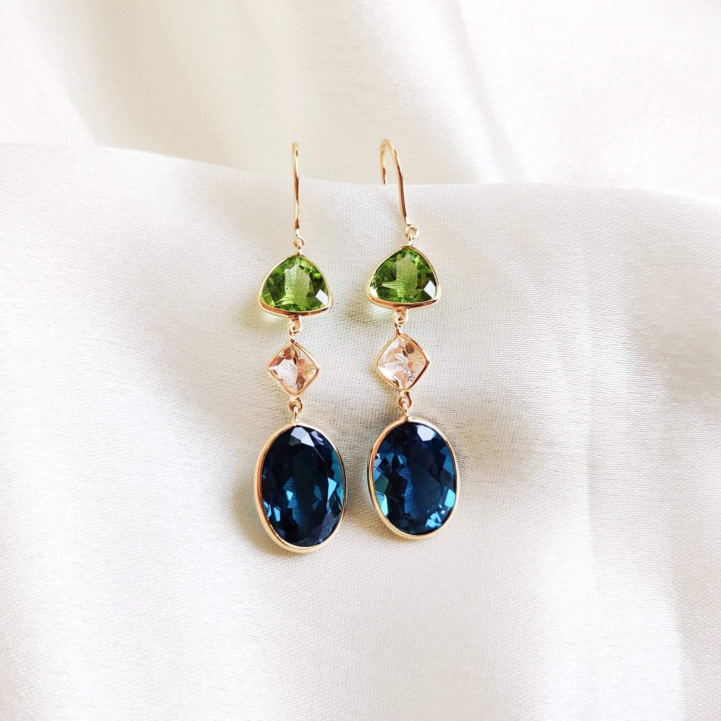 Natural London Blue Topaz, Morganite & Peridot Earrings, 14K Solid Gold Topaz Earrings, Multi Stone Danglers, Peridot Jewelry,Christmas Gift