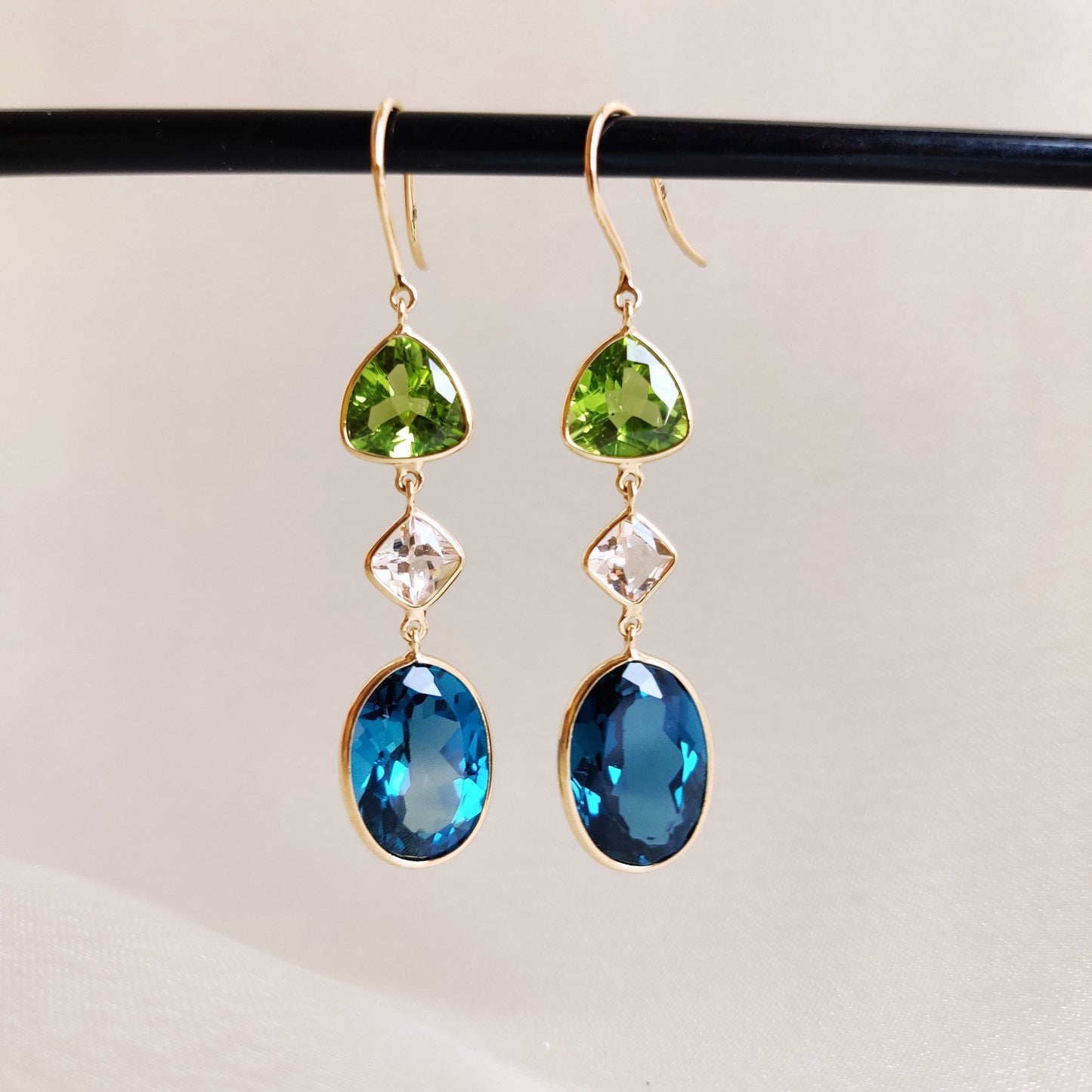 Natural London Blue Topaz, Morganite & Peridot Earrings, 14K Solid Gold Topaz Earrings, Multi Stone Danglers, Peridot Jewelry,Christmas Gift