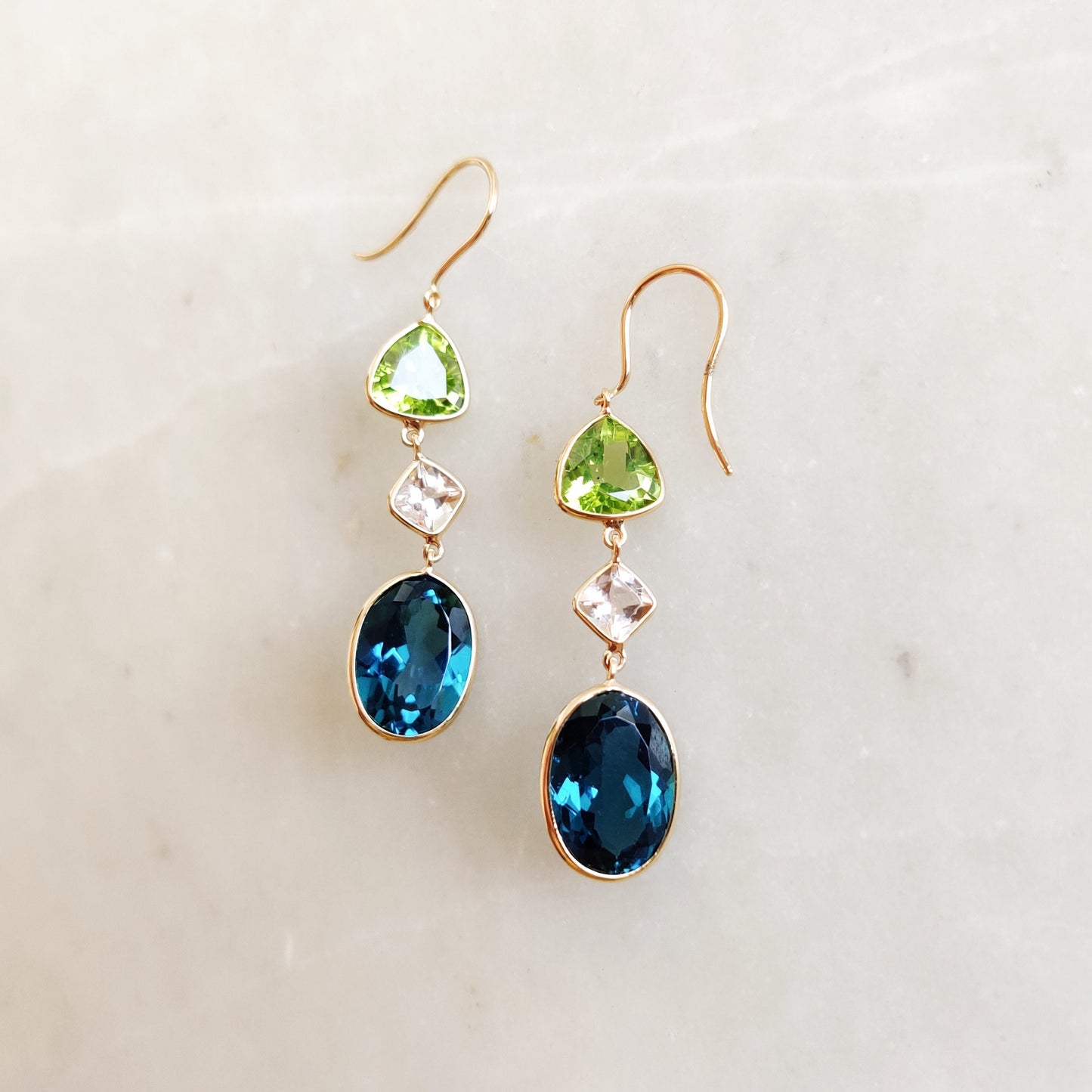 Natural London Blue Topaz, Morganite & Peridot Earrings, 14K Solid Gold Topaz Earrings, Multi Stone Danglers, Peridot Jewelry,Christmas Gift