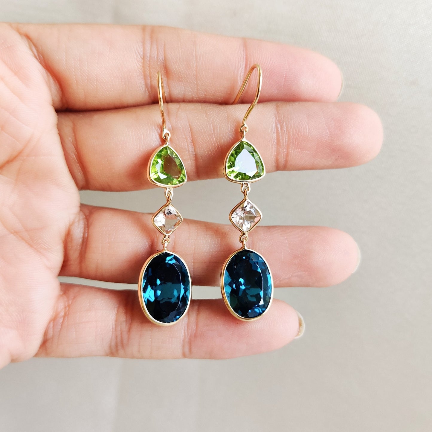 Natural London Blue Topaz, Morganite & Peridot Earrings, 14K Solid Gold Topaz Earrings, Multi Stone Danglers, Peridot Jewelry,Christmas Gift