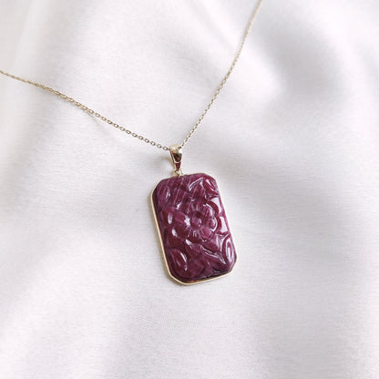 Natural Ruby Carved Pendant, 14K Solid Yellow Gold Ruby Pendant, July Birthstone Pendant, Handmade Carved Ruby Pendant, Christmas Present