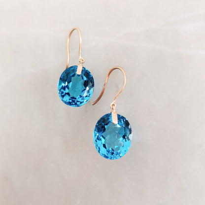 Natural Swiss Blue Topaz Earrings, 14K Solid Gold Blue Topaz Earrings, December Birthstone Earrings, Wedding Present, Blue Topaz Jewelry