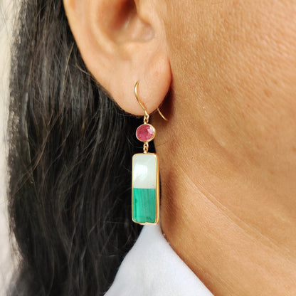 Natural Malachite & Mother of Pearl Earrings, 14K Solid Yellow Gold Doublet Earrings, Ruby and Emerald Danglers, May and July Birthstone