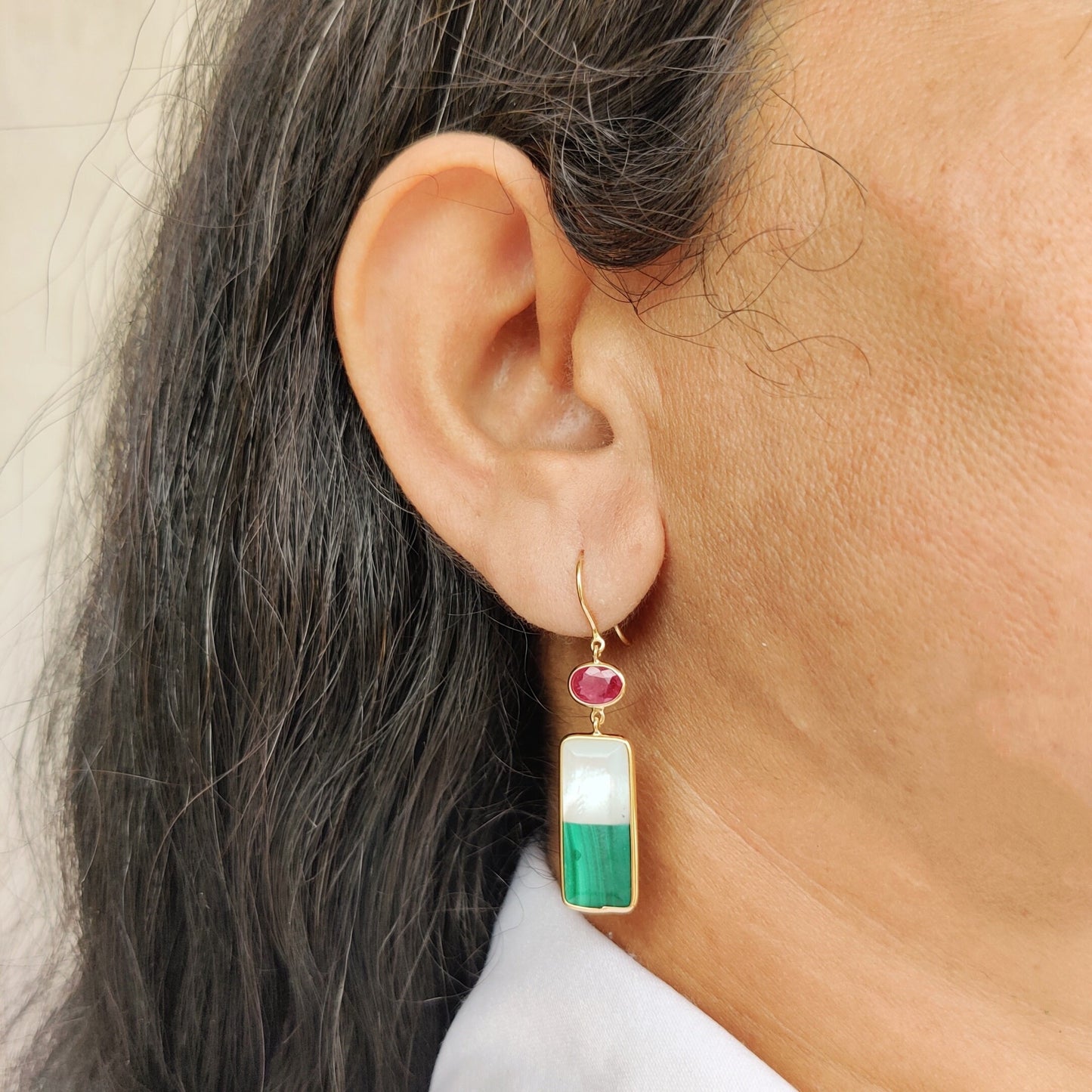 Natural Malachite & Mother of Pearl Earrings, 14K Solid Yellow Gold Doublet Earrings, Ruby and Emerald Danglers, May and July Birthstone