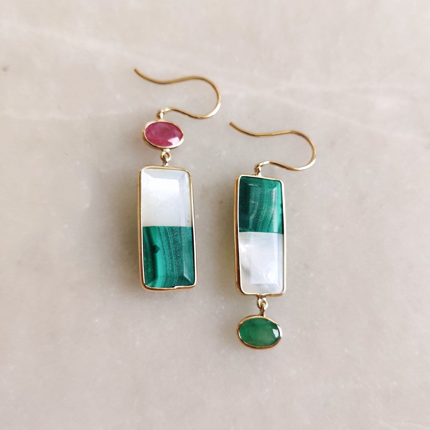 Natural Malachite & Mother of Pearl Earrings, 14K Solid Yellow Gold Doublet Earrings, Ruby and Emerald Danglers, May and July Birthstone