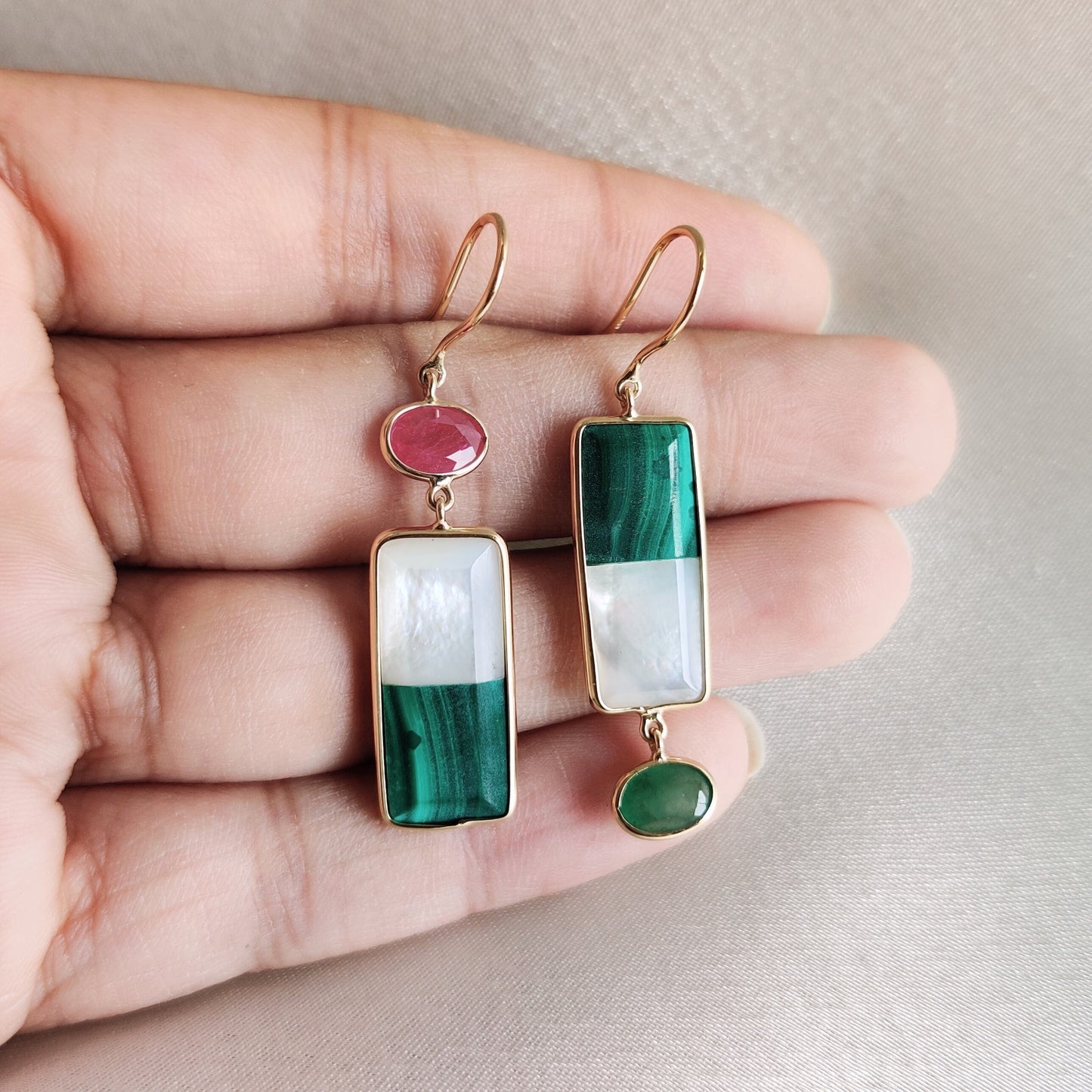 Natural Malachite & Mother of Pearl Earrings, 14K Solid Yellow Gold Doublet Earrings, Ruby and Emerald Danglers, May and July Birthstone