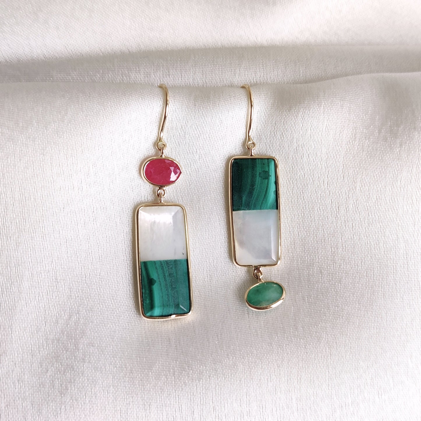 Natural Malachite & Mother of Pearl Earrings, 14K Solid Yellow Gold Doublet Earrings, Ruby and Emerald Danglers, May and July Birthstone