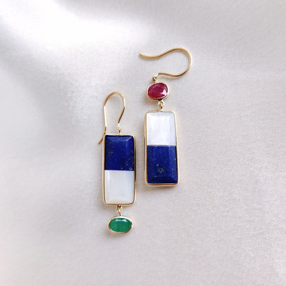 Natural Lapis & Mother of Pearl Earrings, 14K Solid Gold Drop Earrings, Ruby and Emerald Danglers, May July Birthstone, Multi Stone Earrings