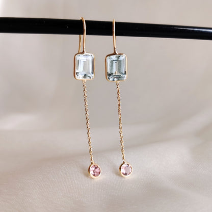 Natural Aquamarine & Pink Tourmaline Earrings, 14K Solid Gold Earrings, Dainty Aquamarine Danglers, March Birthstone, Christmas Present