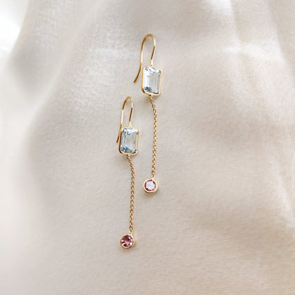 Natural Aquamarine & Pink Tourmaline Earrings, 14K Solid Gold Earrings, Dainty Aquamarine Danglers, March Birthstone, Christmas Present