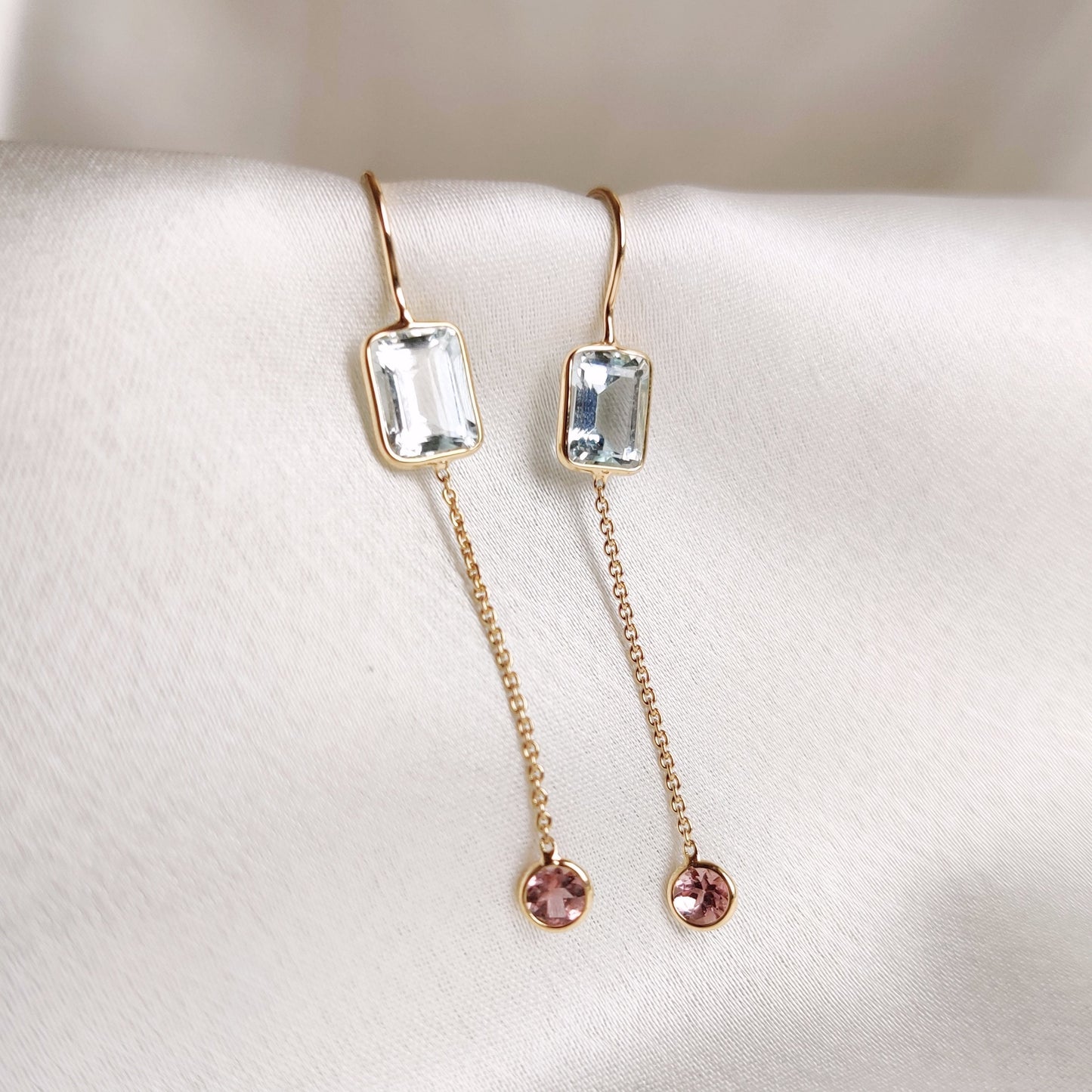 Natural Aquamarine & Pink Tourmaline Earrings, 14K Solid Gold Earrings, Dainty Aquamarine Danglers, March Birthstone, Christmas Present