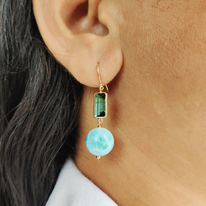 Pendientes de turmalina natural y larimar, pendientes de oro macizo de 14 quilates, piedra natal de octubre, gotas de turmalina verde, regalo de Navidad, joyas de larimar