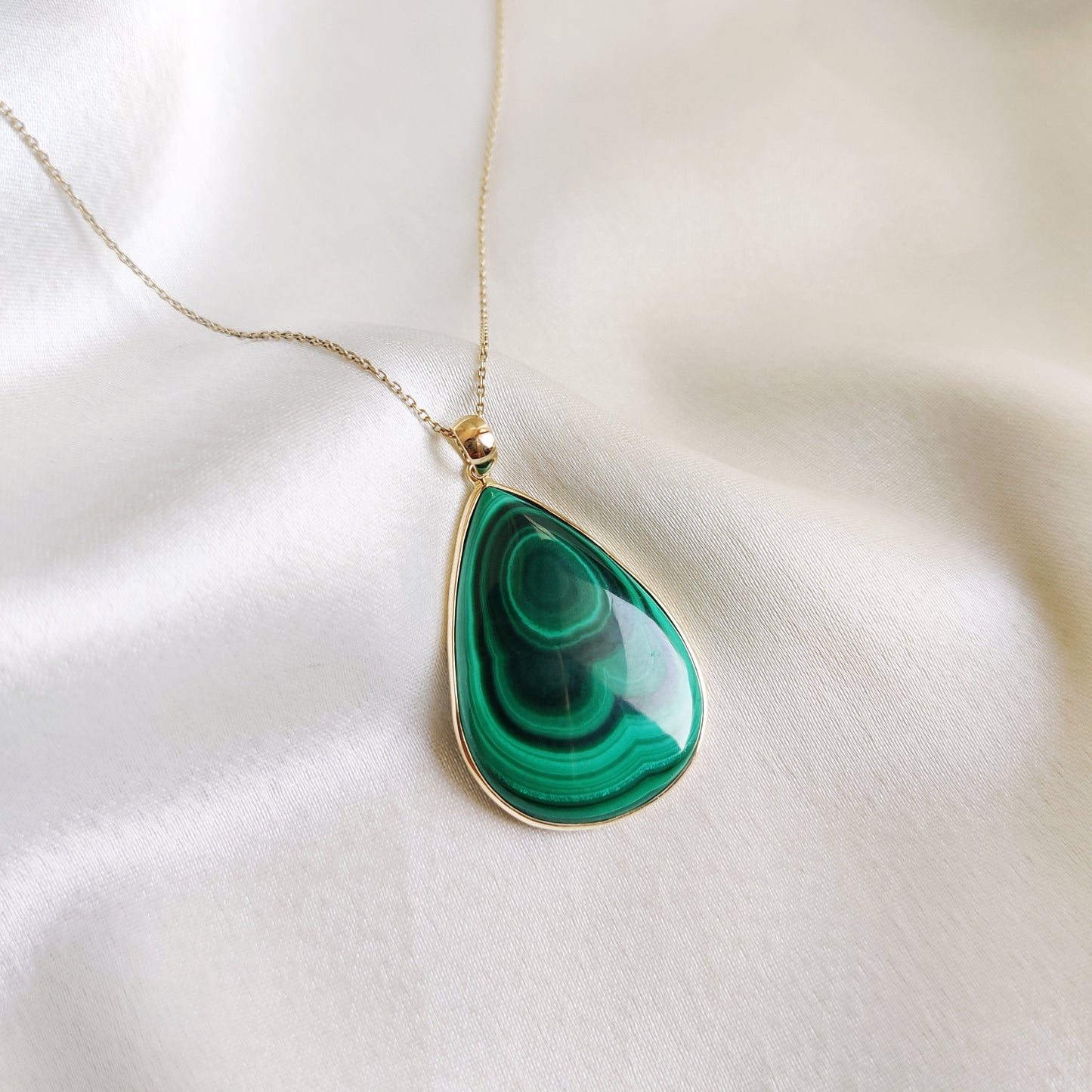 Natural Malachite Pendant, 14K Solid Yellow Gold Pendant, May Birthstone Pendant, Pear Bezel Pendant, Malachite Jewelry